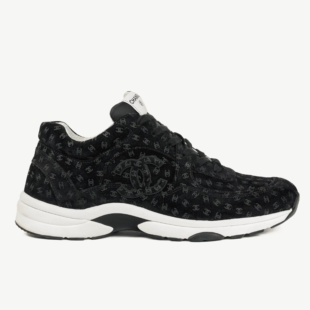 Chanel 22A Black Printed-CC-Logo Suede Low-Top Sneakers